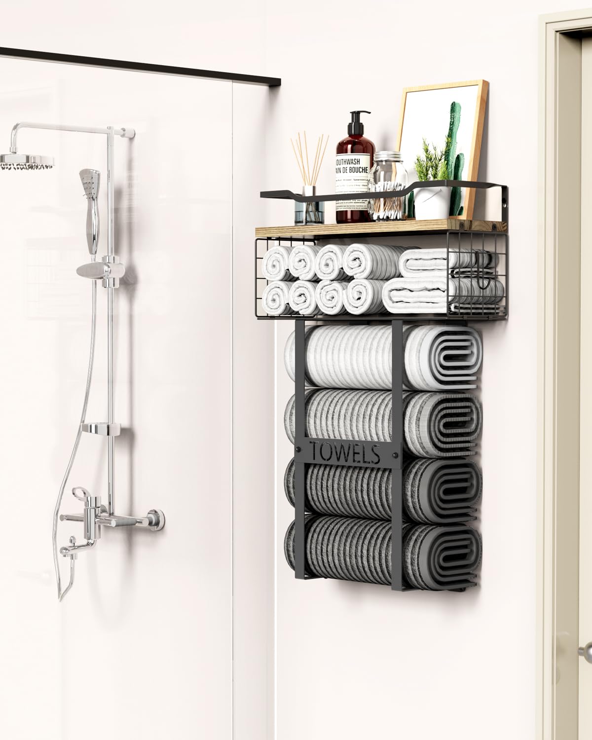 Toalleros para baño montado en la pared, juego de toalleros de pared de baño sobre almacenamiento de inodoro, organizador de toallas enrollado para baño pequeño, toallero vertical de madera para 2