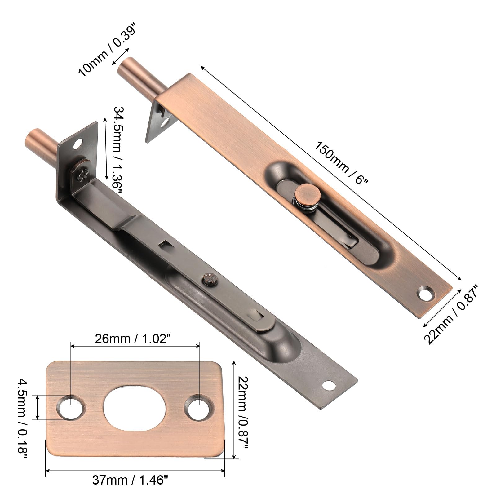 PATIKIL Flush Bolt 6" x 0.87" - Image 2