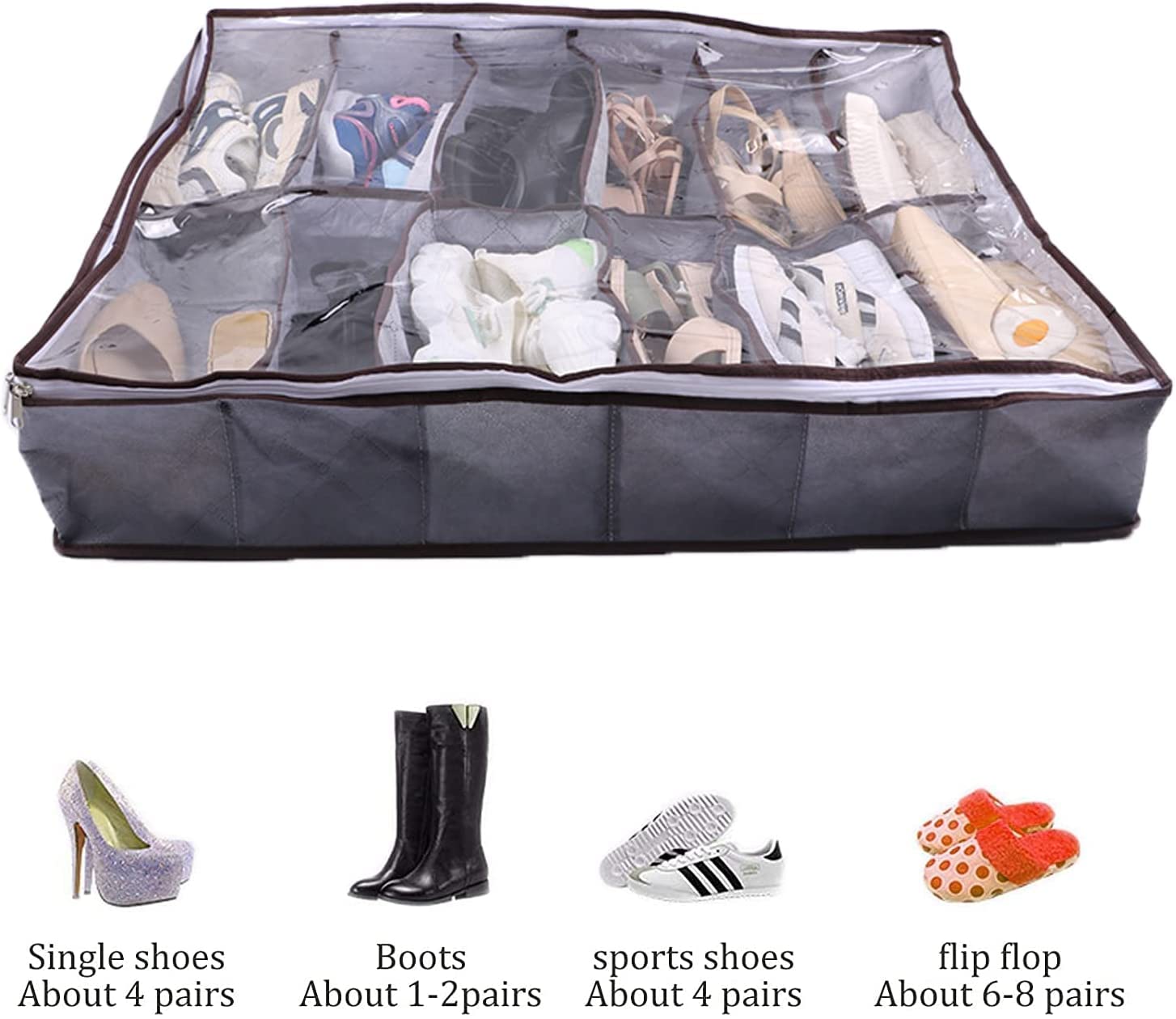 Opbergorganizer voor schoenen voor onder het bed, past op 24 paar - ademende onderbedschoenen, containertas met doorzichtige PVC-hoes en 2 ritssluitingen, set van 2 (grijs