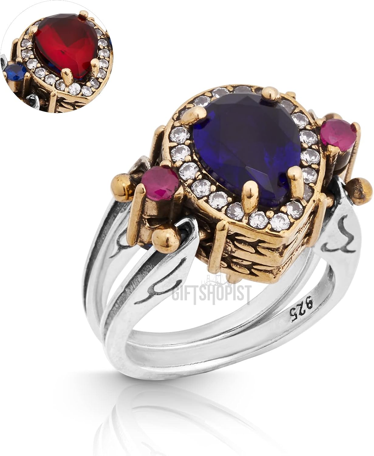 Elegant Reversible 925 Sterling Silver Ring for Women Jewelry - Handcrafted in Turkey, Featuring Drop Shape Pear Cut Sapphire Ruby 925 Sterling Silver Ring Size All