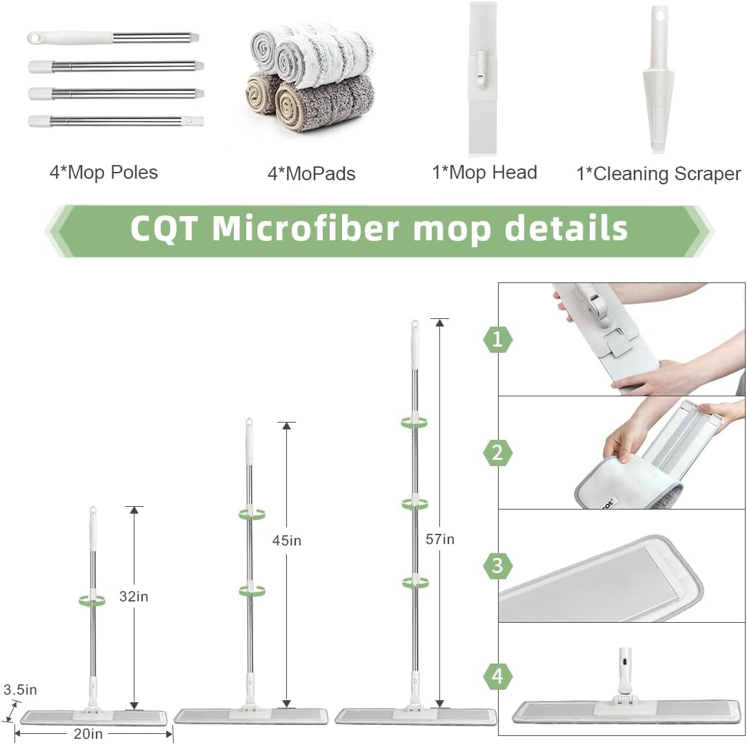 CQT Commercial Flat Microfiber Floor Mop Cleaning System 20" Wet Dry and Dust Hardwood with 4 Washable Pads Cleaner for Laminate Tile Stainless Steel Handle and Extension (PT15 New)