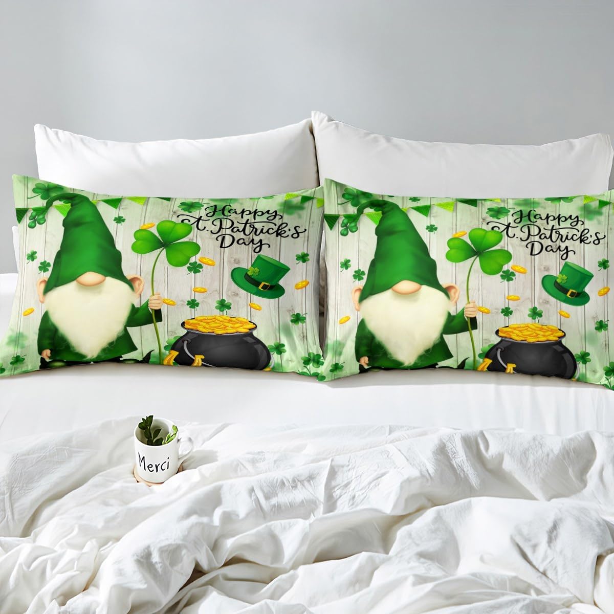 St. Patrick's Day Sheet Set Queen Cute Gnome and Green Clover Leaves Bedding Set for Kids Teens Girls Boys Room Decor Rustic Farmhouse Barn Deep Pocket Fitted Sheet Spring Holiday Bed Sheet 4pcs