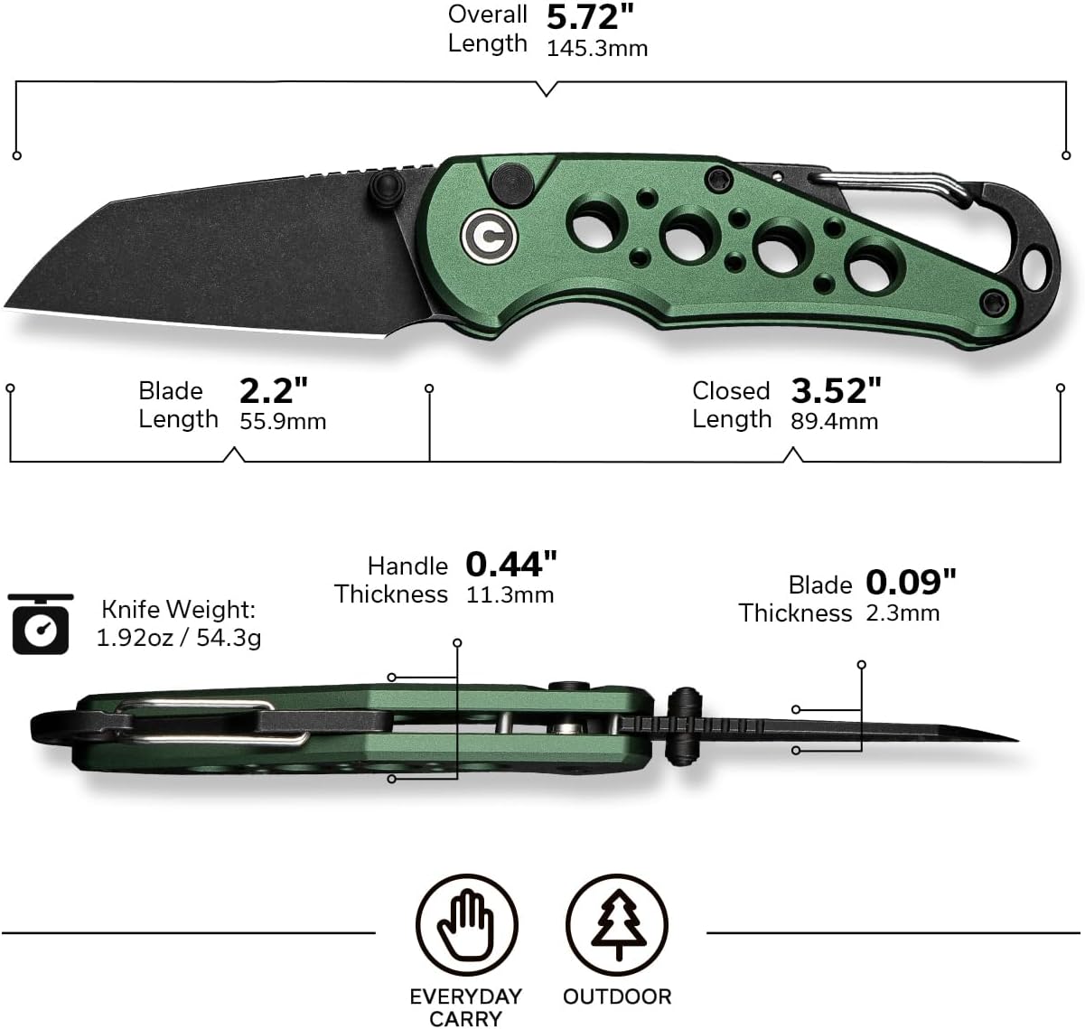 CIVIVI Pragma Folding Knife, Pocket Knife Multitool with EDC Carabiner, Bottle Opener, 2.2" Nitro-V Blade Aluminum Handle, Ideal Gift for Men Women C23062B-3 (Green)