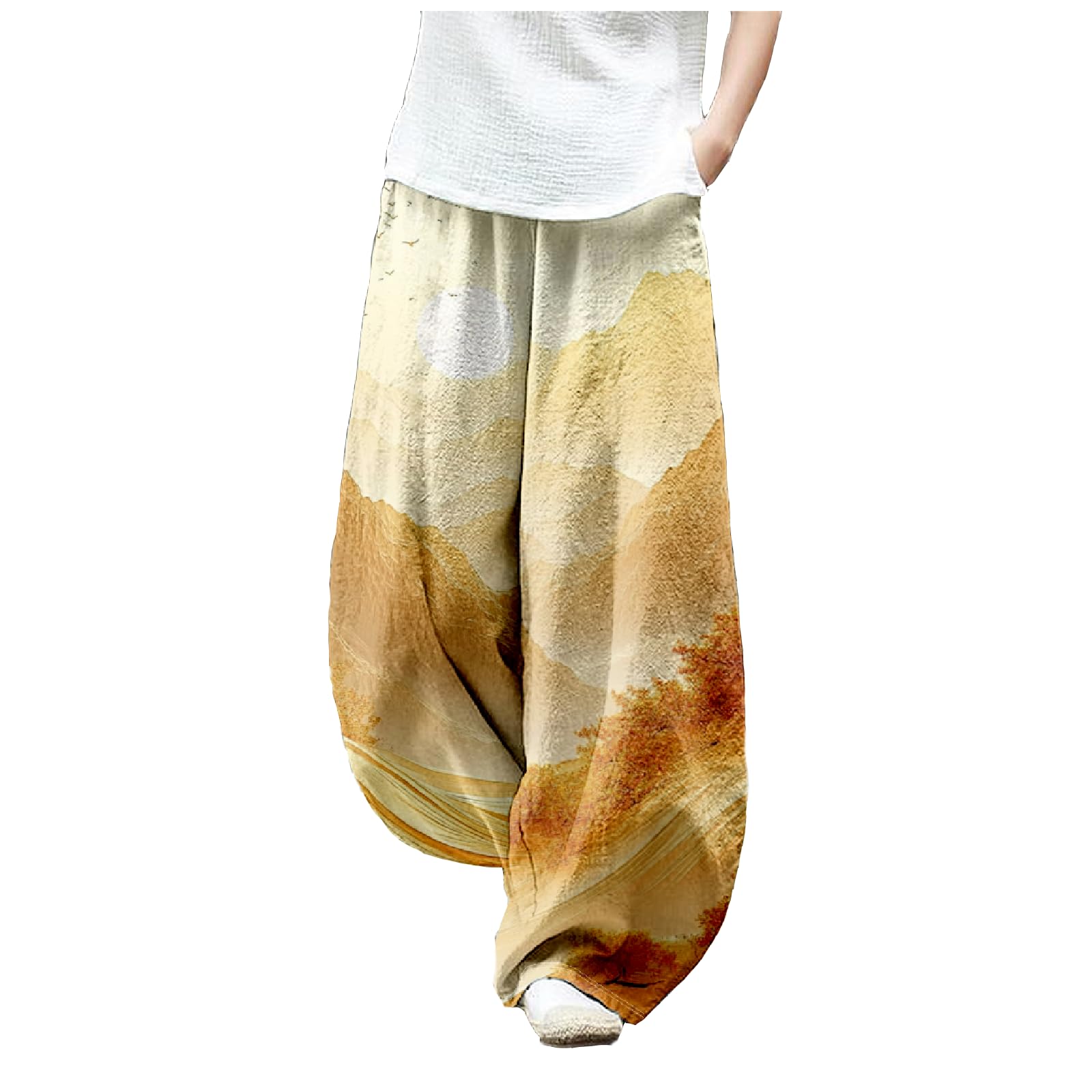 MARSVOVO Baggy Sweatpants for Women Wide Leg Harem Pants Woman Landscape Ink Painting Print Casual Culottes with Pockets