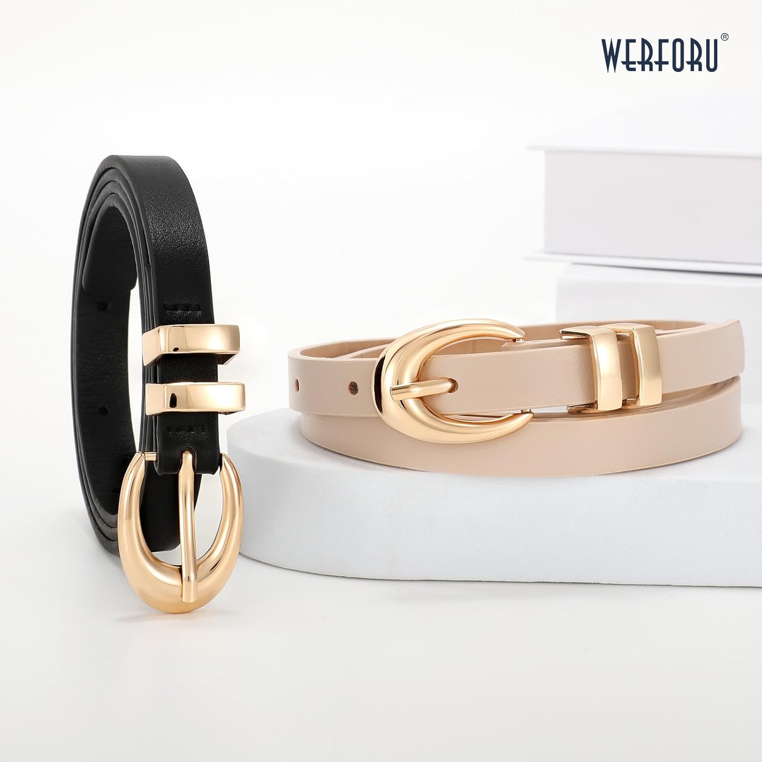 WERFORU 2 Pack Women's Skinny Belt Women's Thin Leather Belt with Gold/Silver Buckles for Jeans Dresses image 4