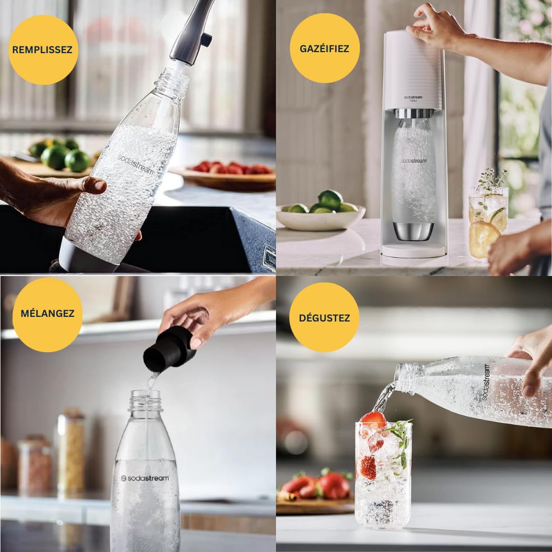 Sodastream Terra Machine à Eau Pétillante et Soda | Pack 1 Bouteille 1L Finition Acier Inoxydable Compatible Lave-Vaisselle + 1 Recharge de Gaz 60L à Clipser | Blanche
