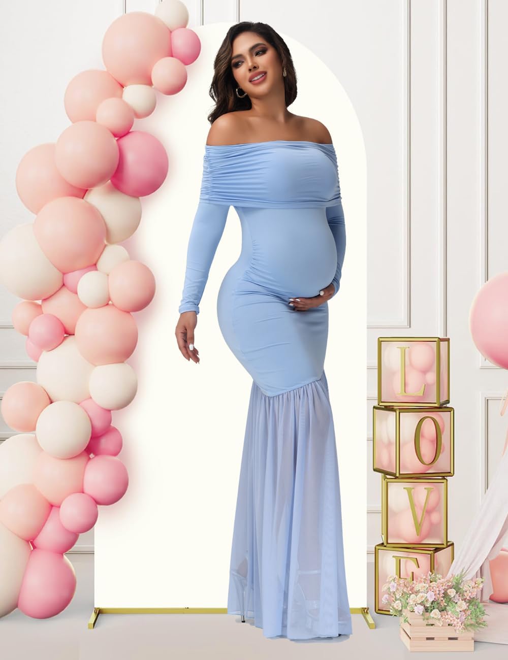 JustVH Maternity Long Sleeve Off Shoulder Baby Shower Dress Party Mesh Paneled Split Maxi Photography Gown for Photoshoot