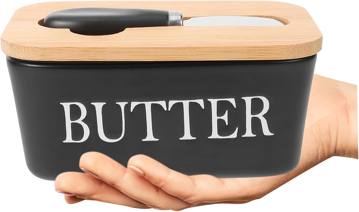 Ceramic Butter Dish with Wooden Lid Airtight Kitchen Butter Holder for Condiments Elegant Serving Tray with Cutter Restaurants and Home Use