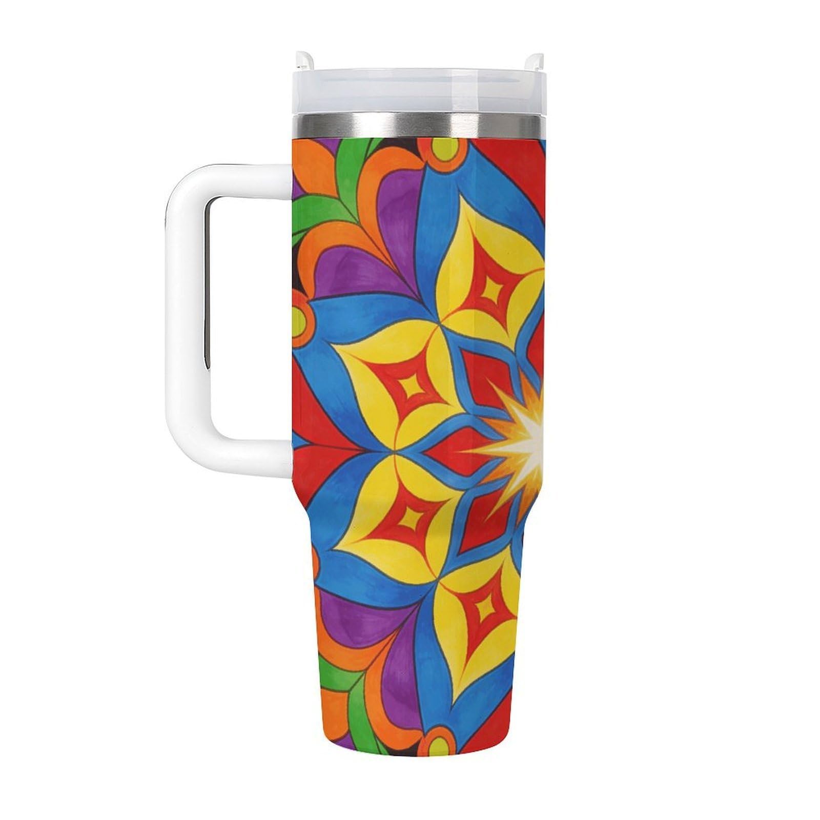 Tazza da caffè da viaggio con mandala colorato, in acciaio inossidabile, tazza da caffè con coperchio e cannuccia, tazza con manico, grande capacità, doppia parete, sottovuoto, a prova di
