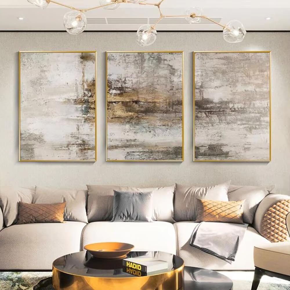 GOSRD Lienzos decorativos abstractos en tonos grises y dorados, estilo moderno, ideales para la decoración de salas de estar y dormitorios (50x75cm - 3 piezas/marco interno).