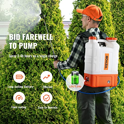 VEVOR 4 Gallon Battery Powered Backpack Sprayer with Wheeled Cart, Adjustable 0-94 PSI, 13FT Hose, 6 Nozzles, 2 Wands Included, Wide Mouth Lid for Weeding, Cleaning, Long Spray Time, White+Orange
