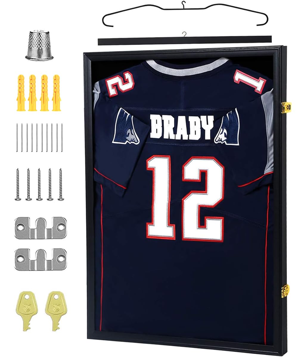 Jersey Frame Display Case, Jersey Shadow Box, Jersey Display Frame with 98% Uv Protection Acrylic and Hanger for Baseball Basketball Football Soccer Hockey Shirt(Black) (Display Case-A)