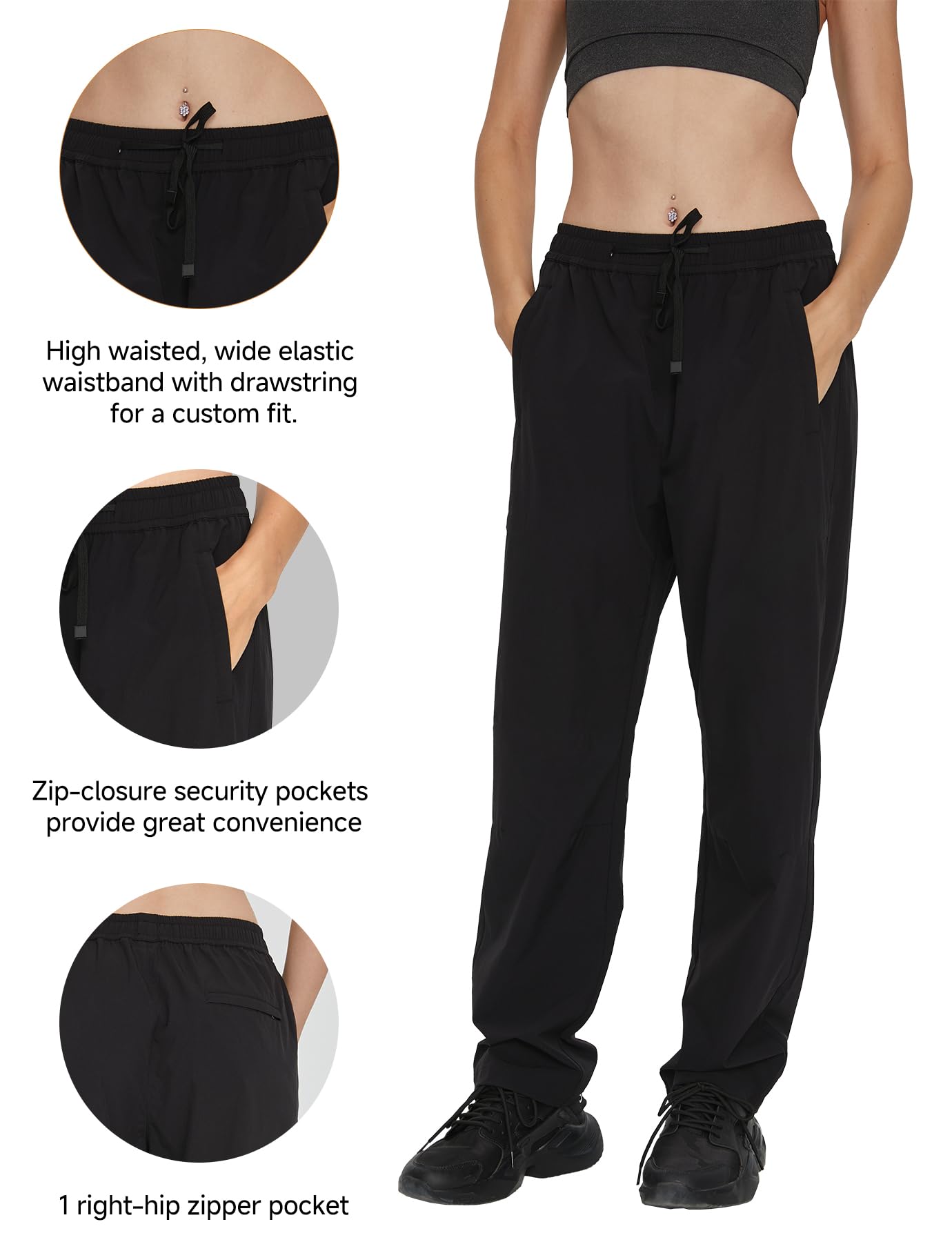 feitycom Women's Hiking Pants Quick Dry Lightweight Water Resistant Cargo Pants Elastic Waist Workout Travel Outdoor Zipper Pockets Black