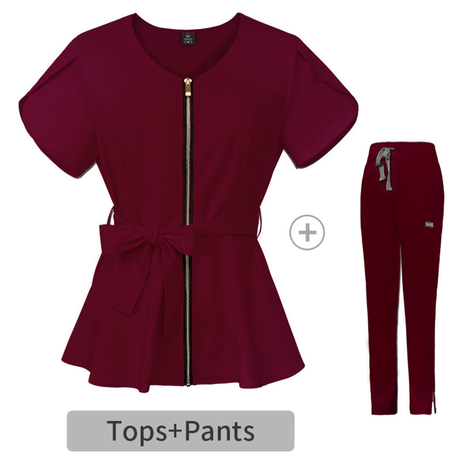Camice Dottore Uomo Costume - Divise Infermiera Donna, Set di pantaloni elastici da donna a maniche corte in tinta unita con cravatta in vita