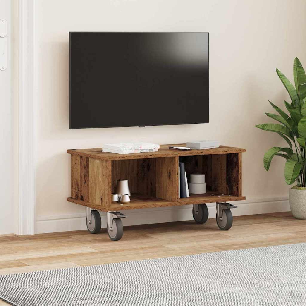 Stojak pod telewizor z drewna starego drewna, 68,5 x 35 x 35 cm, z dużą ilością miejsca do przechowywania i zarządzaniem kablami, nowoczesna szafka pod telewizor do salonu, kącik gamingowy