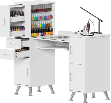 Manicure Table with Glass Top, Dust Collector and Storage, Display Shelves, 3 Drawers & 3 Cabinets, Nail Station Nail Desk Beauty Salon Workstation, White