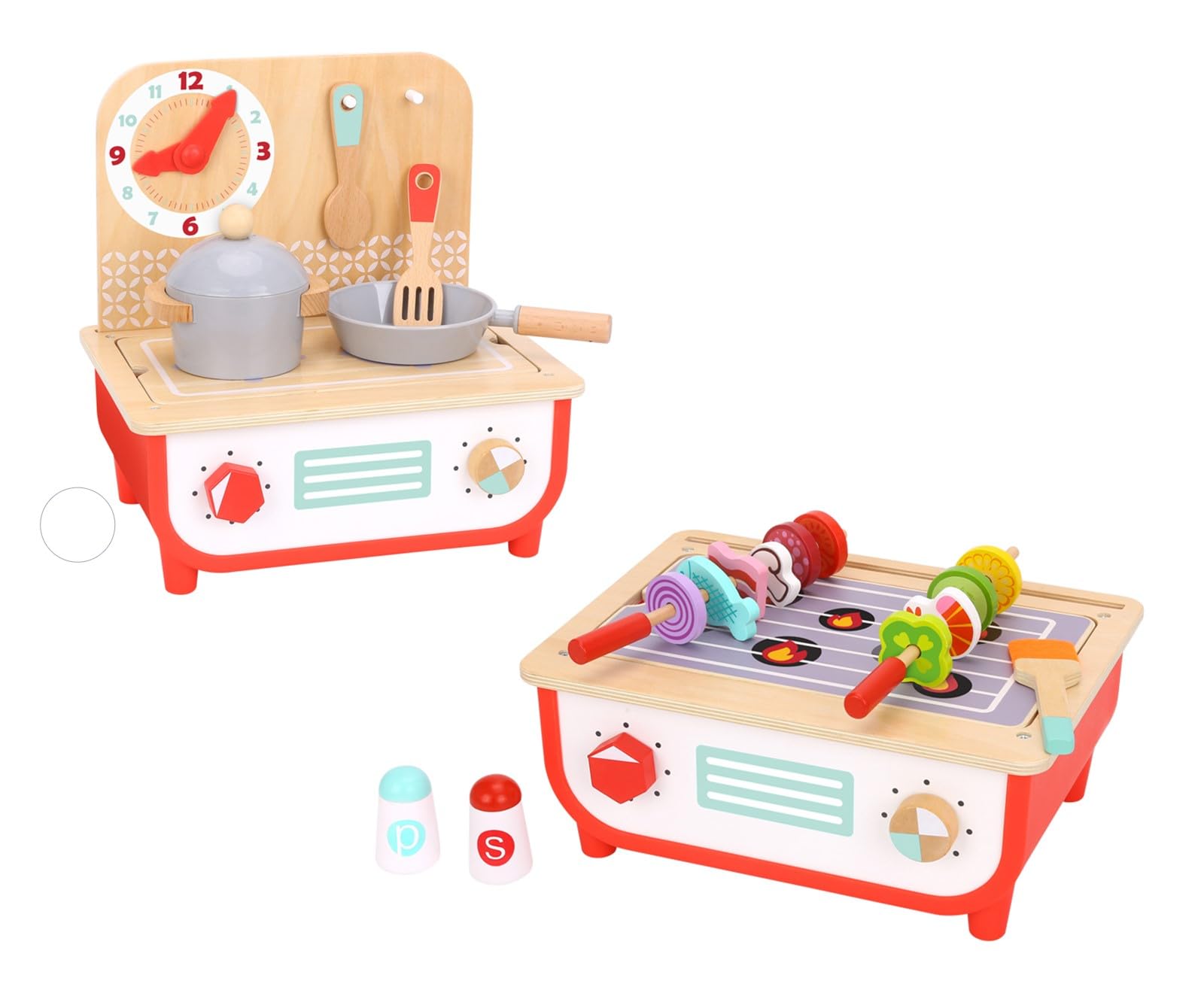 Wooden Toy Cooking Set for Kids Girl & Boy Kitchen Playset | Converts from Toddler Grill Playset to a Play Stove | Play BBQ Grill Set for Kids