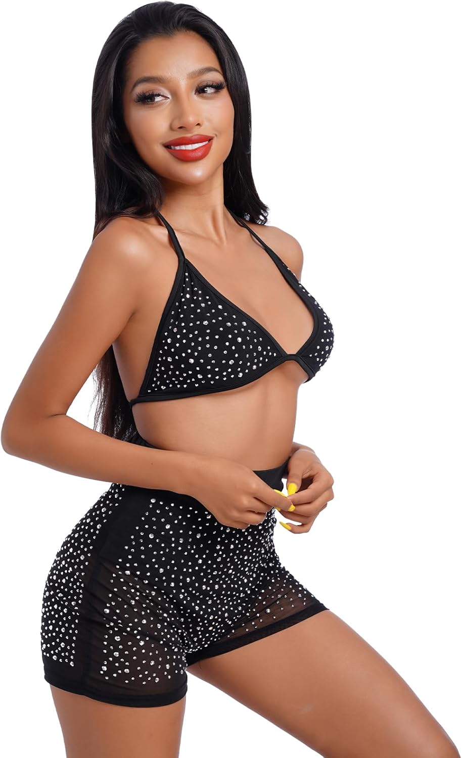 Women Sparkle Rhinestone Mesh Sheer Bikini Sets Halter Bra Top High Waist Shorts Bottom Swimsuits Rave Outfit - Image 4