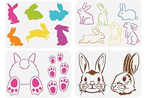 4 PCS Easter Bunny Painting Stencil, 8.3x11.7 inch Reusable Cute Rabbit Pawprint Pattern Drawing Template
