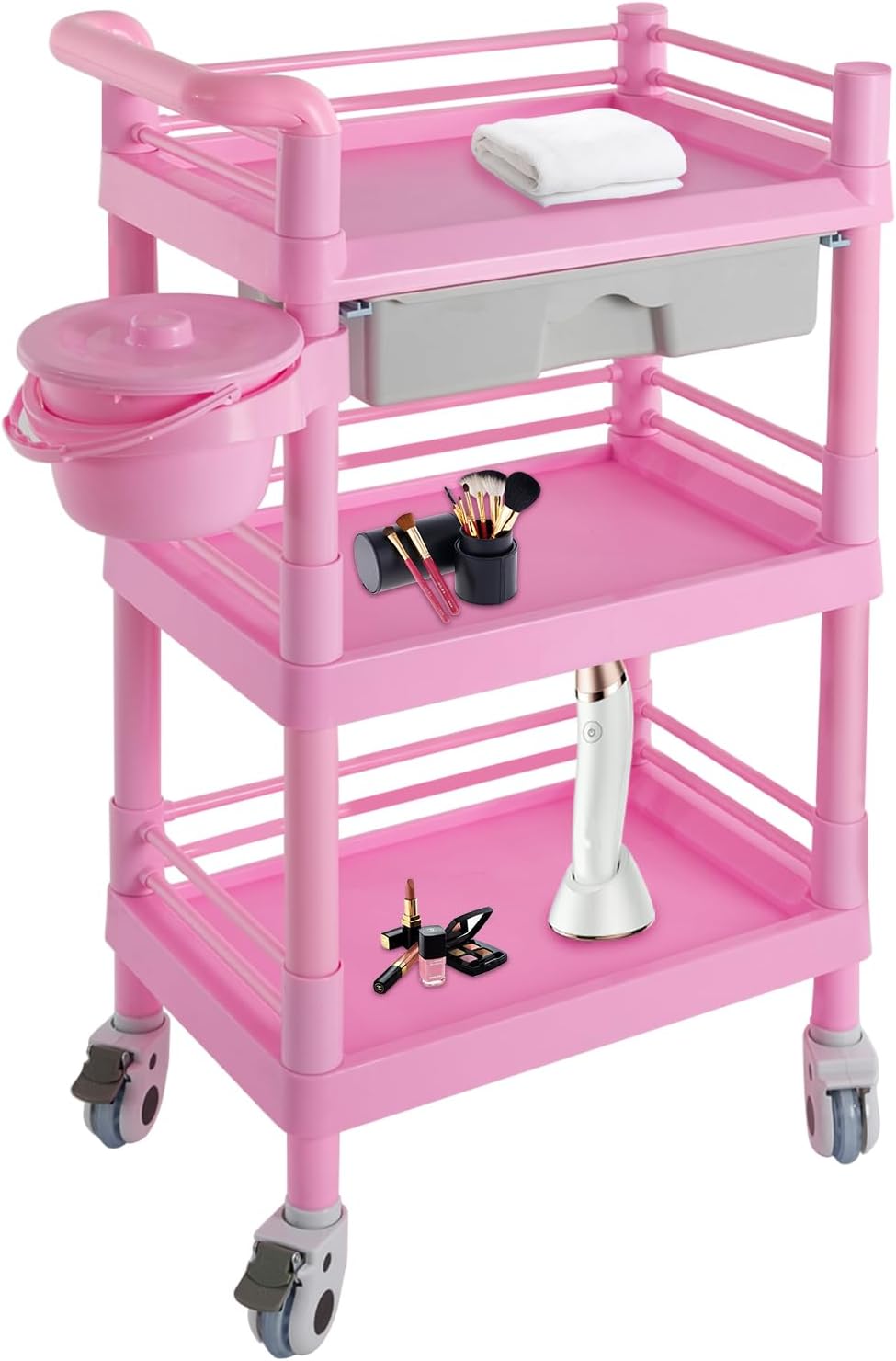 CNCEST Professional Trolley,3 Tier Utility Cart 220 Lbs Load with 360° Rotate Wheels Utility Cart with Dirt Bucket & Drawer Spacious Spa Beauty Salon Rolling Cart