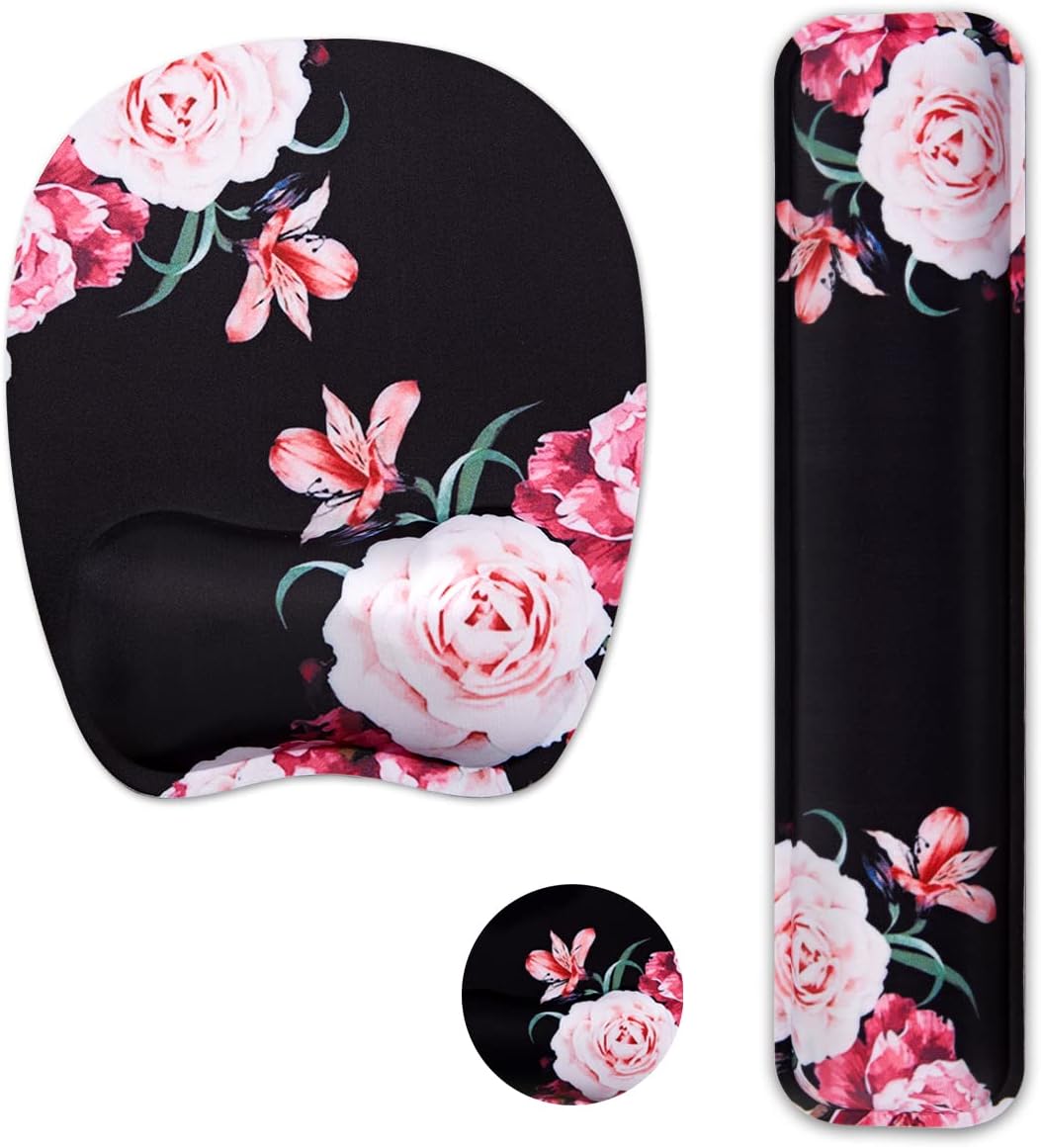 Keyboard Wrist Rest and Mouse Pad with Wrist Support, Ergonomic Memory Foam Wrist Rest for Laptop, Computer, Easy Typing & Pain Relief Perfect for Home Office Gaming-Peony Flower