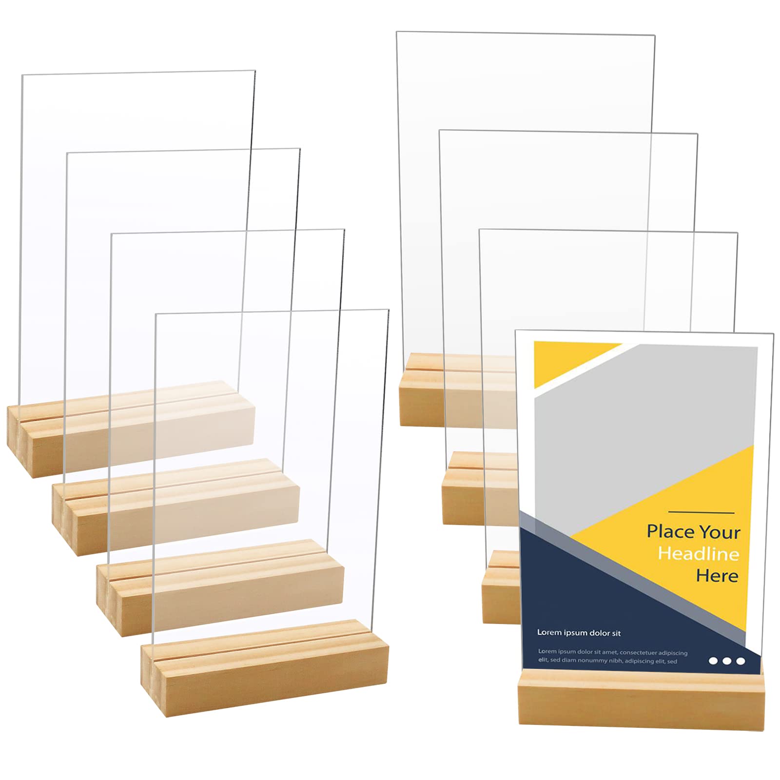 Newbested8 Pack Blank Clear Acrylic Table Sign with Wooden Stands,5 x 7 Inch Top Menu Table Number Display Picture Stand Acrylic Sign Holder for DIY Name Card Gifts Event Party Sign Decoration