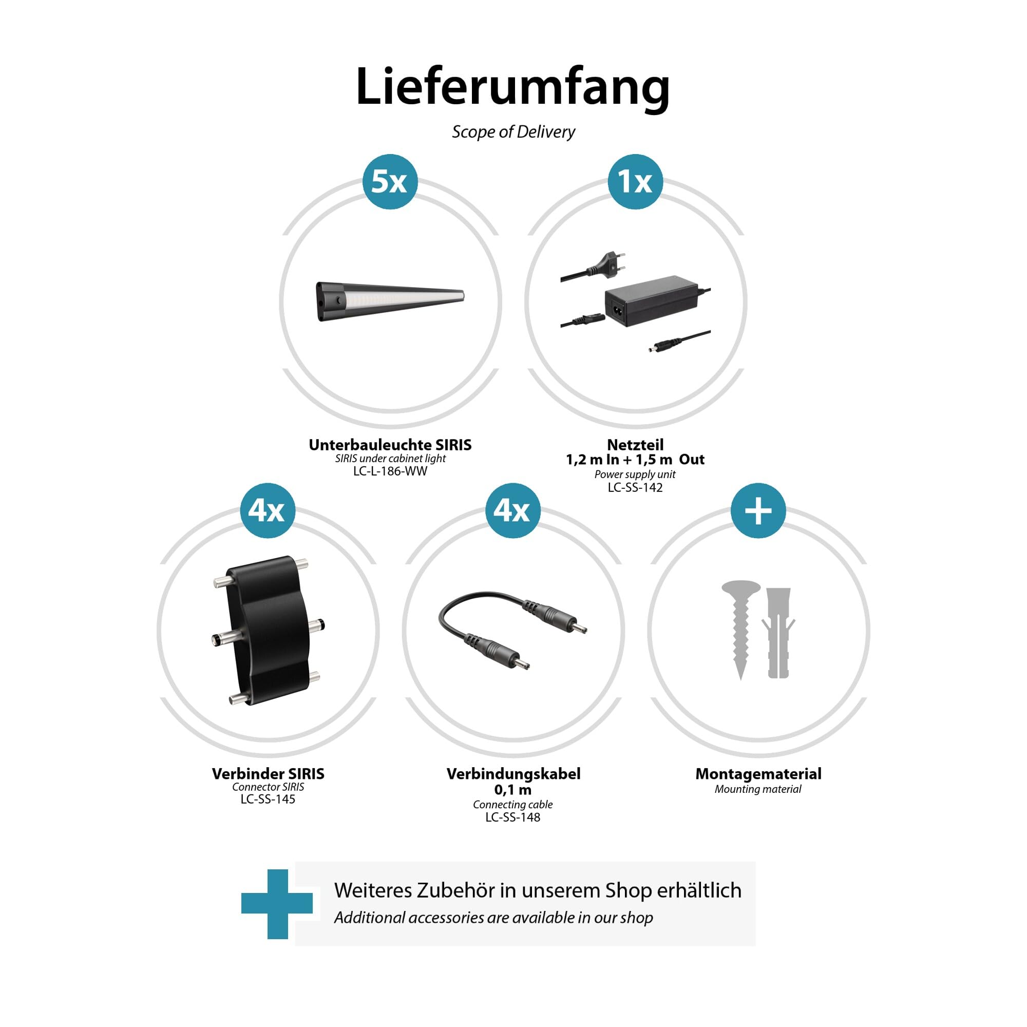 ledscom.de LED Unterbau-Leuchte SIRIS schwarz matt, flach, je 50cm, je 531lm, warm-weiß, 5er Set
