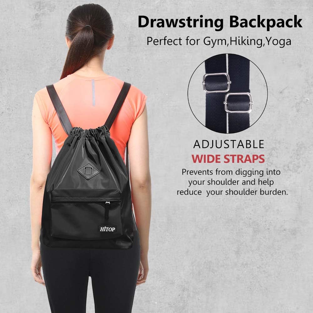 HITOP Drawstring Backpack, Waterproof Snow Resistant Lightweight Sport Gym Bag For Men and Women (Black)