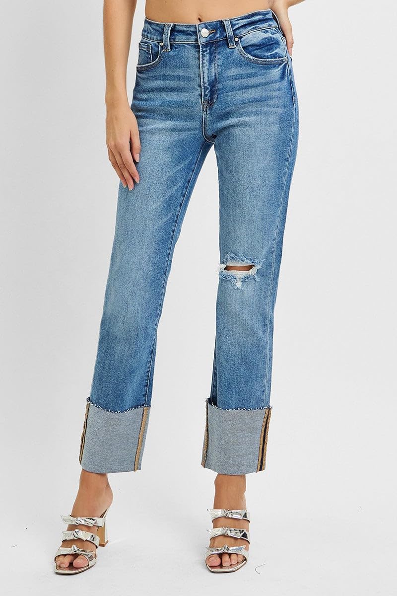 Risen Jeans - High Rise Wide Cuffed Straight Leg Jeans - (28" Inseam) - RDP5484 - Includes Official Tag
