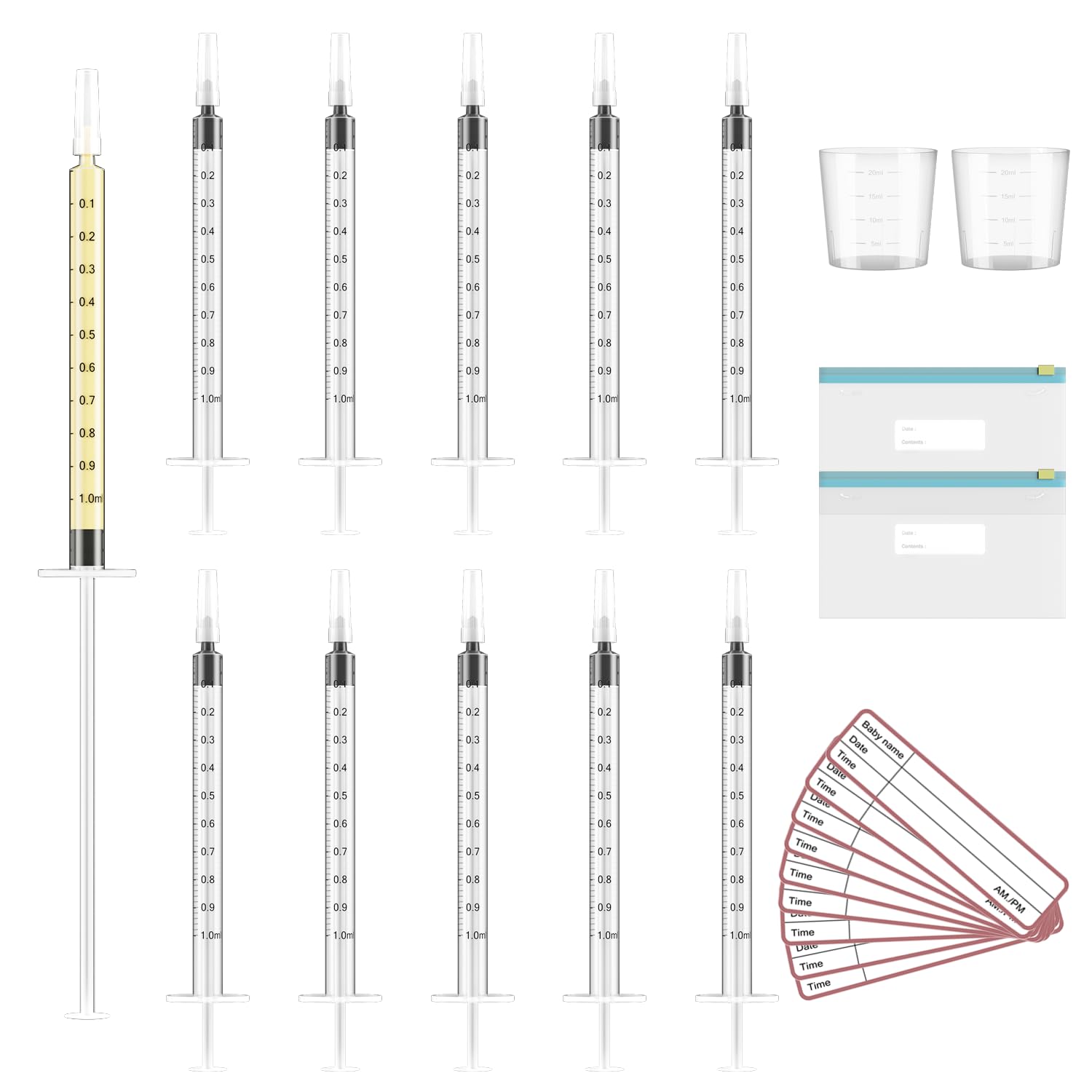 Photo 1 of 20 Sets 1ml Colostrum Collector with Caps, Colostrum Collection Kit Includes 20pcs Sterile Colostrum Syringes, 2 Measuring Cup, 2 Storage Bags, 20 Labels (Breast Milk Syringe without Needle)