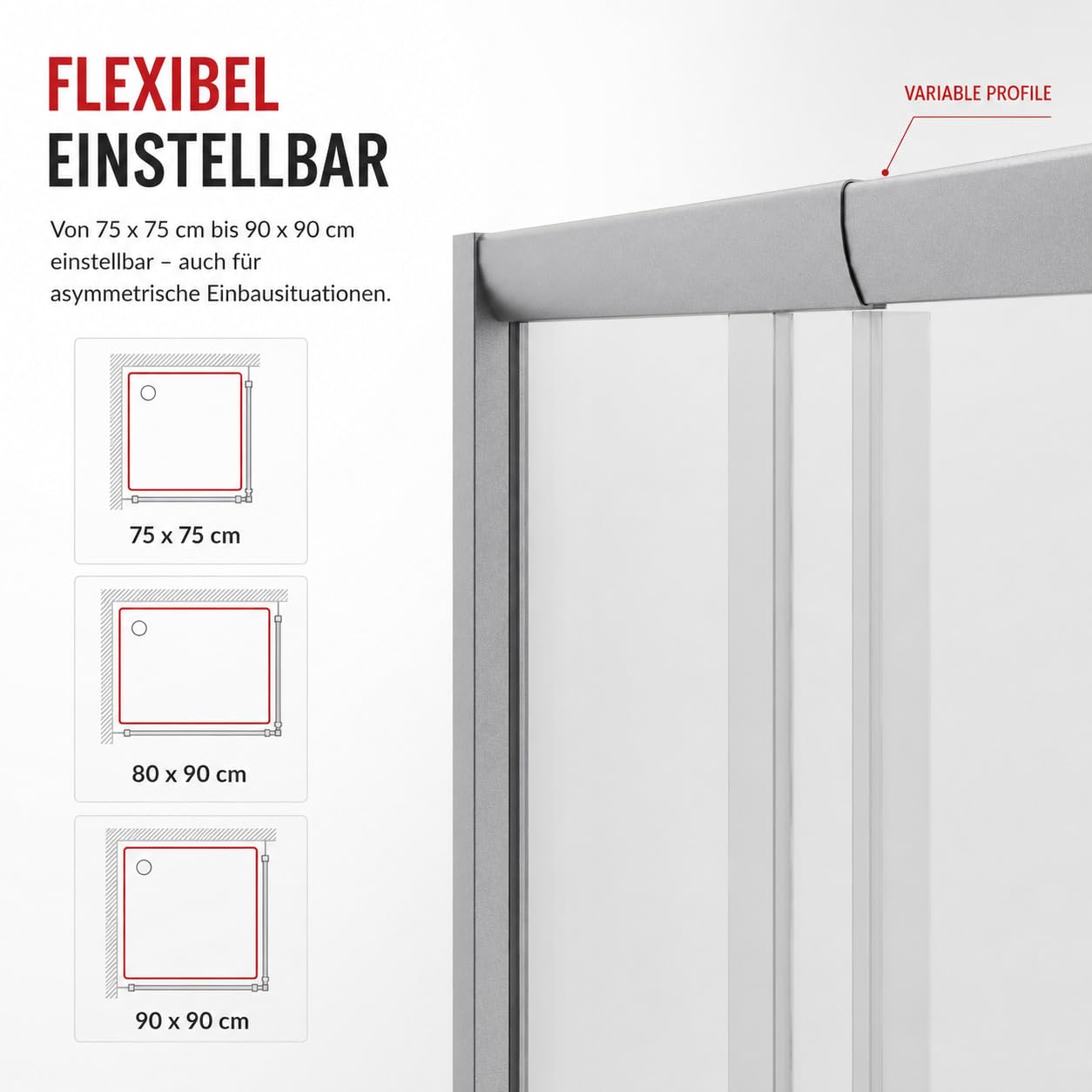 Schulte Duschkabine Eckeinstieg 75–90 cm, Schiebetüren, Querstreifen | Variable Duschabtrennung in Silber Grau, 180 cm hoch, mit 4 mm klarem ESG für Größen von 75x75 bis 90x90 cm.