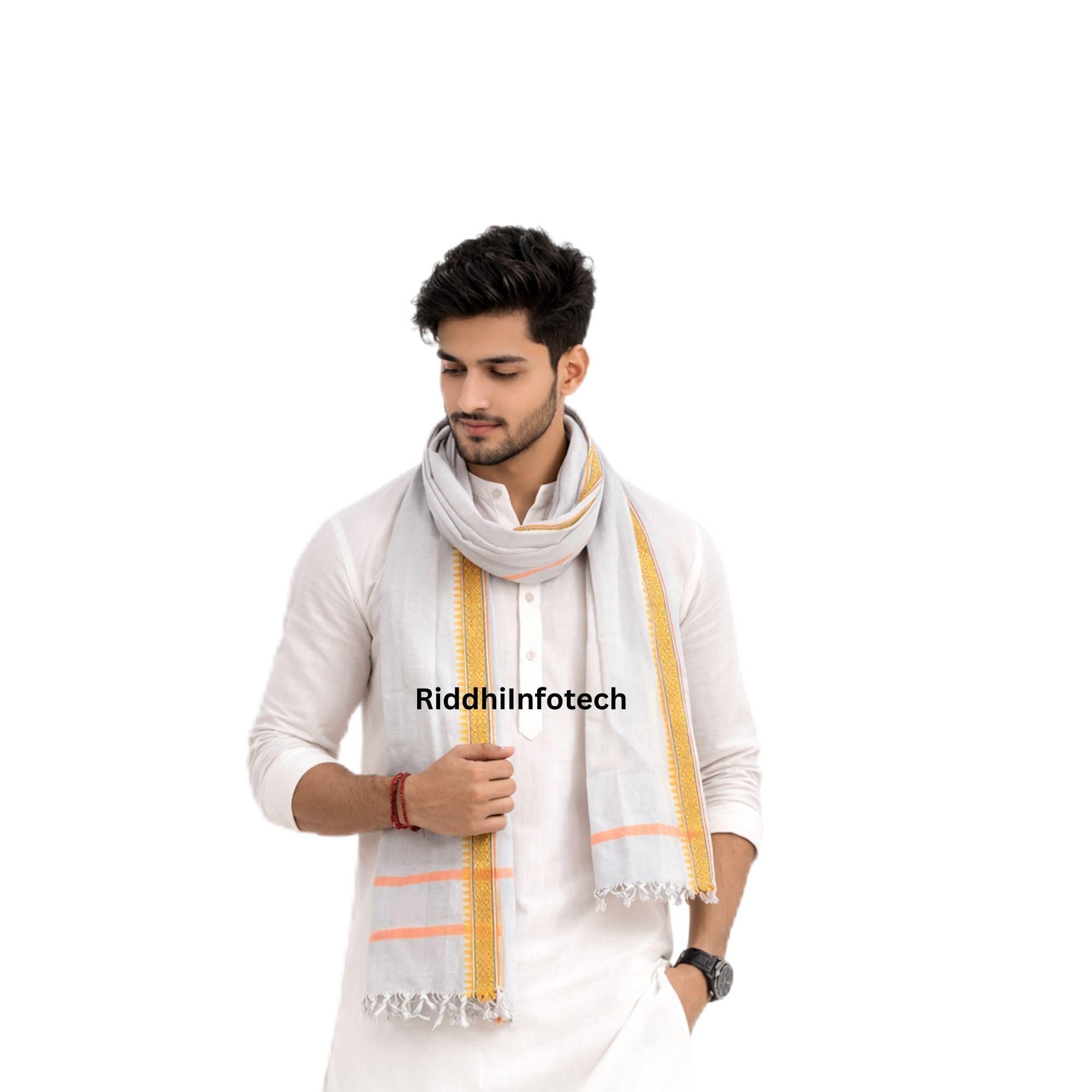 RiddhiInfotech Traditional White Cotton Gamchha/Towel with Golden Border for Men | Religious Pooja Angavastram Cloth | Soft Absorbent Cotton Towel | Temple, Ritual & Dhoti Kurta Wear | 1 Pc-picture-52