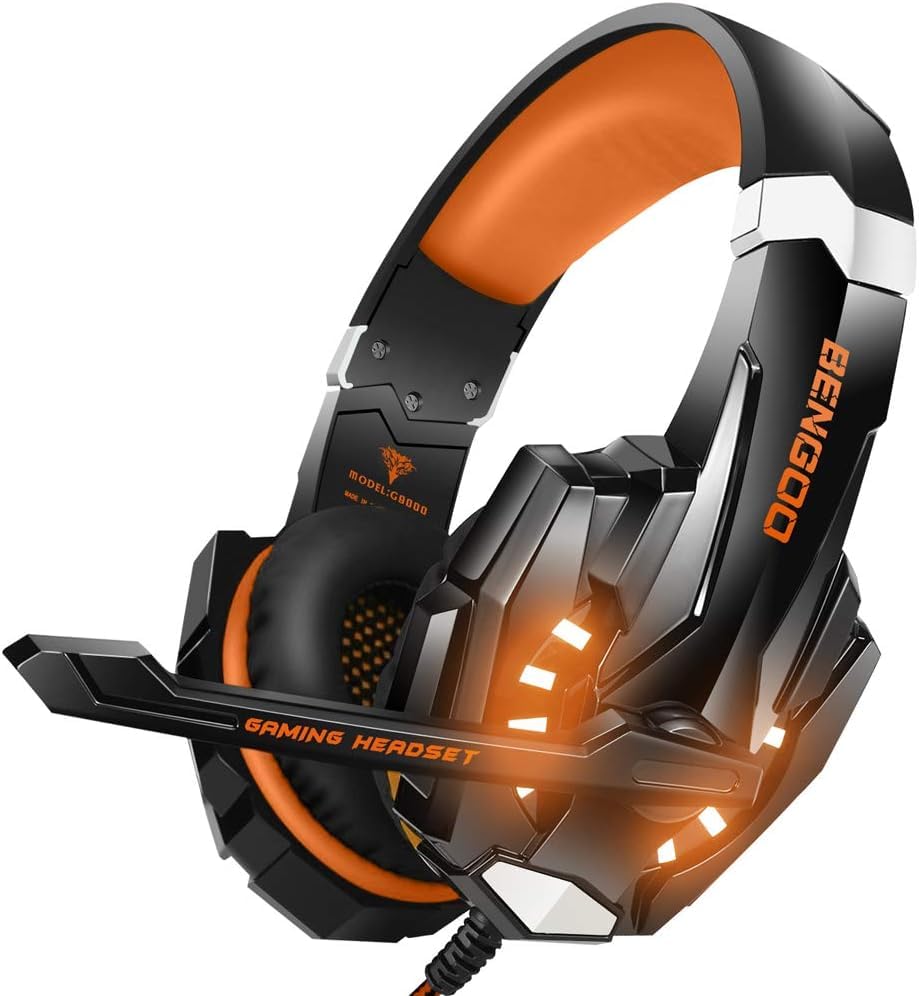 Image of BENGOO G9000 Stereo Gaming Headset for PS4, PC, Xbox One Controller, Noise Cancelling Over Ear Headphones with Mic, LED Light, Bass Surround, Soft Memory Earmuffs (Orange)