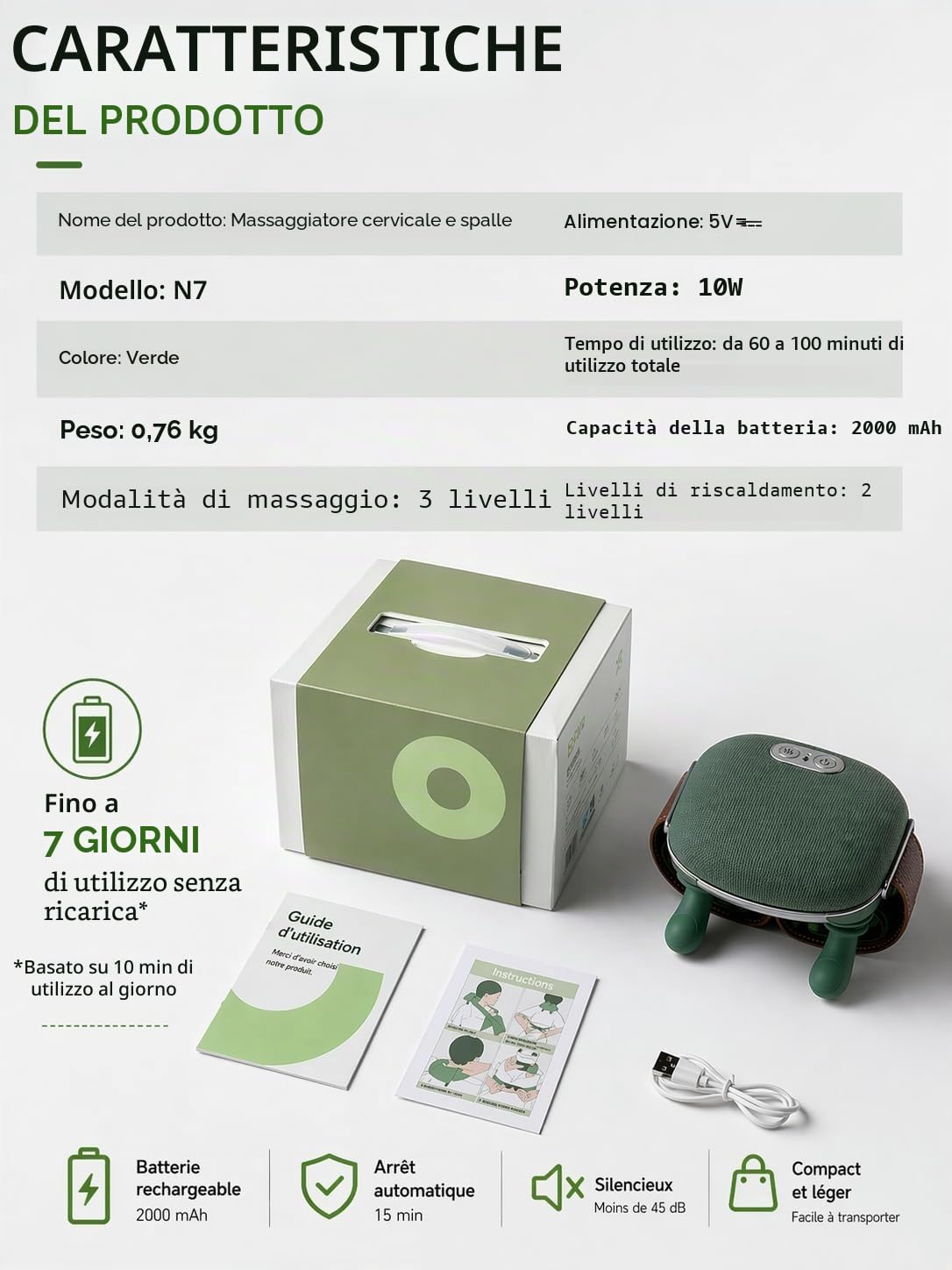 Massaggiatore Cervicale e per Spalle Elettrico – Massaggio Shiatsu Profondo con Calore, 3 Intensità e 2 Livelli di Riscaldamento – Senza Fili Ricaricabile 2000 mAh – Per Collo, Schiena, Spalle e Gambe