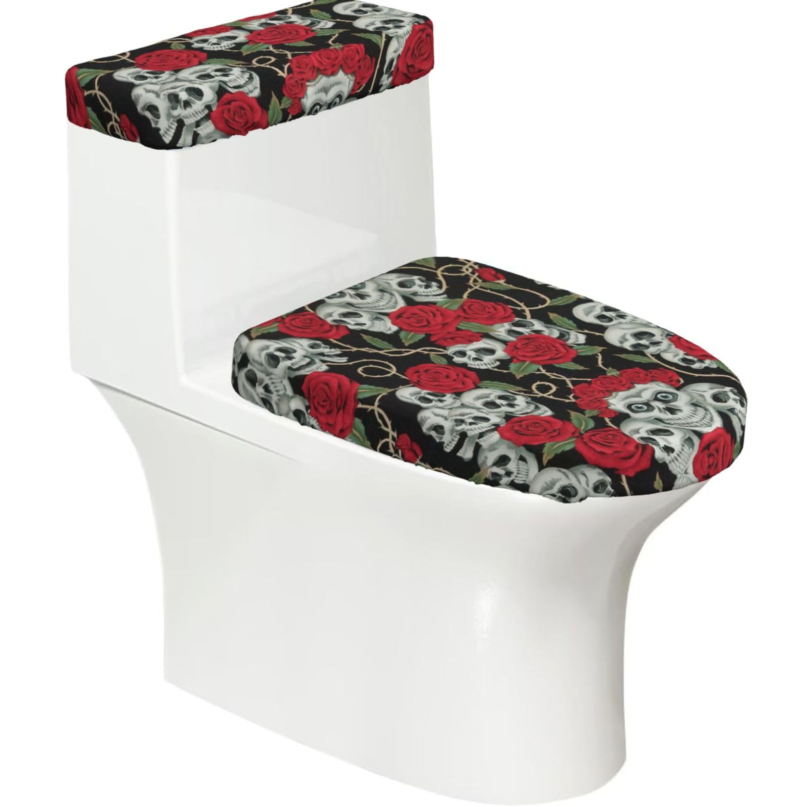 Skull And Red Rose Print Toilet Seat Lid And Tank Covers Universal Fit Smooth Seat Cushion Easy To Clean For Home Hotel