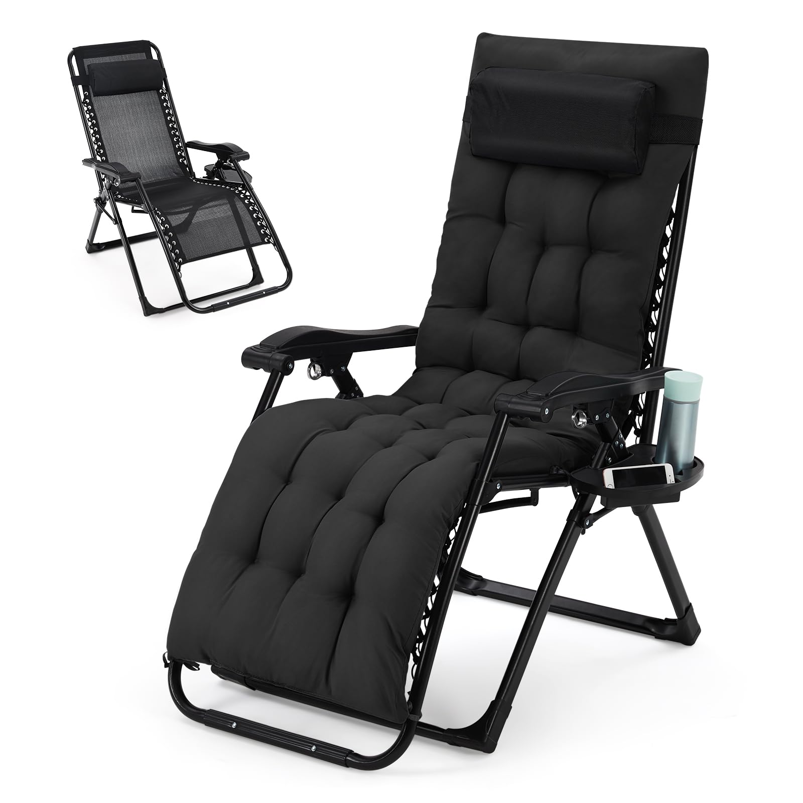 Garveehome Zero Gravity Chair, 33" XXL Zero Gravity Lounge Chair for Indoor and Outdoor, Adjustable Anti Gravity Chair with Cushion, Headrest, Footrest, Eye-Patch, Cupholder, 440 Lbs Deck Chair, Black