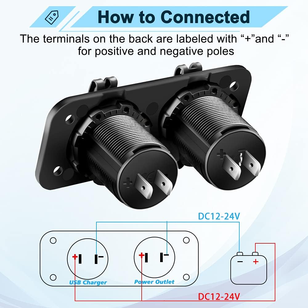 Electop Cigarette Lighter Socket Outlet Splitter, 12V USB Outlet USB Charger 12 Volt Socket Power Outlet with LED, Waterproof Power Socket Panel Adapter DIY Kit Dual USB Ports for Car Boat Marine RV