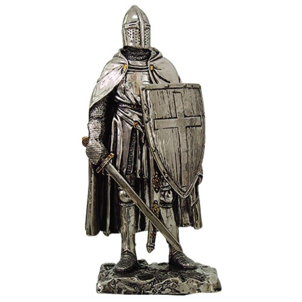 Crusader Knight Statue Silver Finishing Cold Cast Resin Statue 7" (8711)