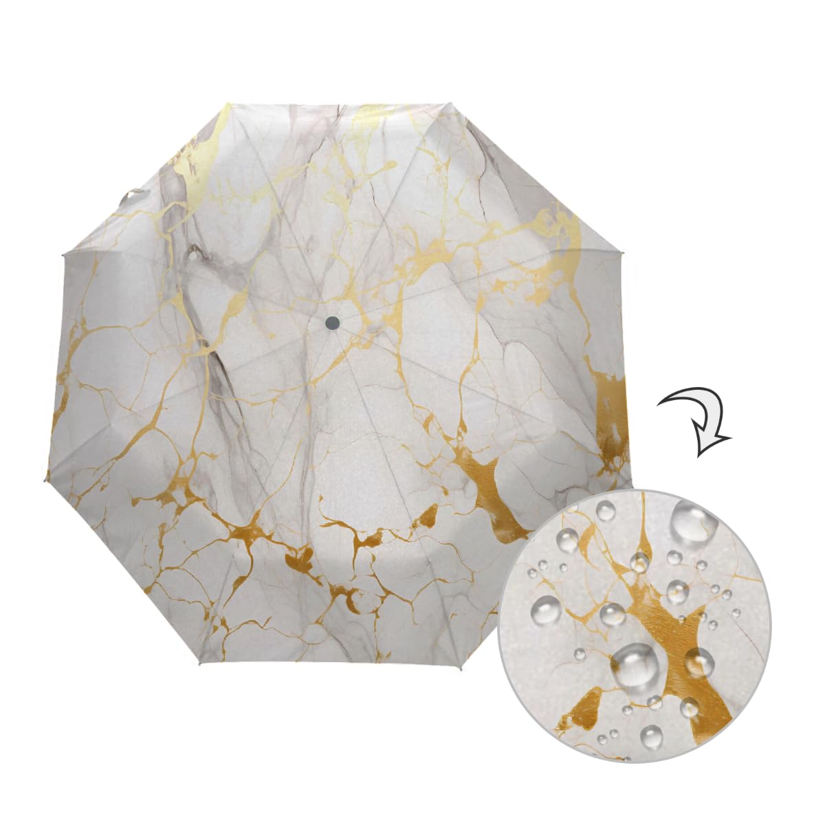 Ombrello pieghevole con stampa marmorizzata oro bianco ombrello da viaggio compatto antivento impermeabile con protezione UV rivestimento nero leggero 8 coste portatile per pioggia sole