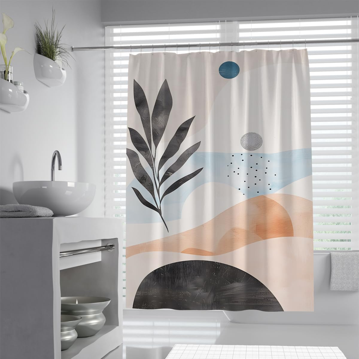 UIRINGART Abstract Shower Curtain W200xL220cm Minimalist Plant Silhouette Abstract Landscape Shapes Waterproof Mildew Resistant Fabric Bath Accessories