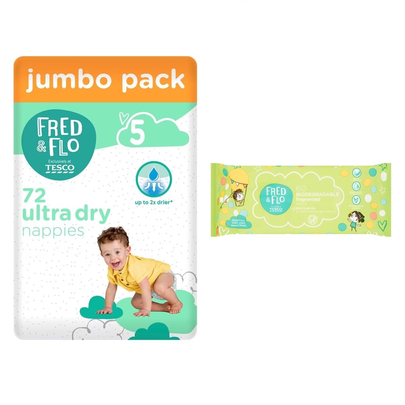 Fred & Flo Size 5 Nappies Jumbo 72 Pack + Fragranced Baby Wipes