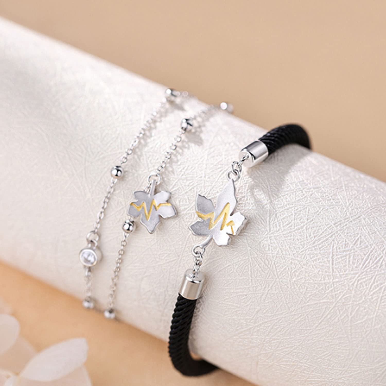 Pulsera de Pareja Diseño de Hoja de Arce Plata de Ley 925 Cuerda Trenzada Ajustable Promesa Relación Pulseras Regalos de Joyería