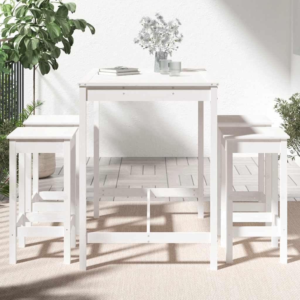Ensemble de Bar de Jardin 5 Pièces en Bois de Pin Massif Blanc, Mange-Debout Extérieur avec 1 Table Haute 121cm et 4 Tabourets de Bar pour Terrasse et Balcon