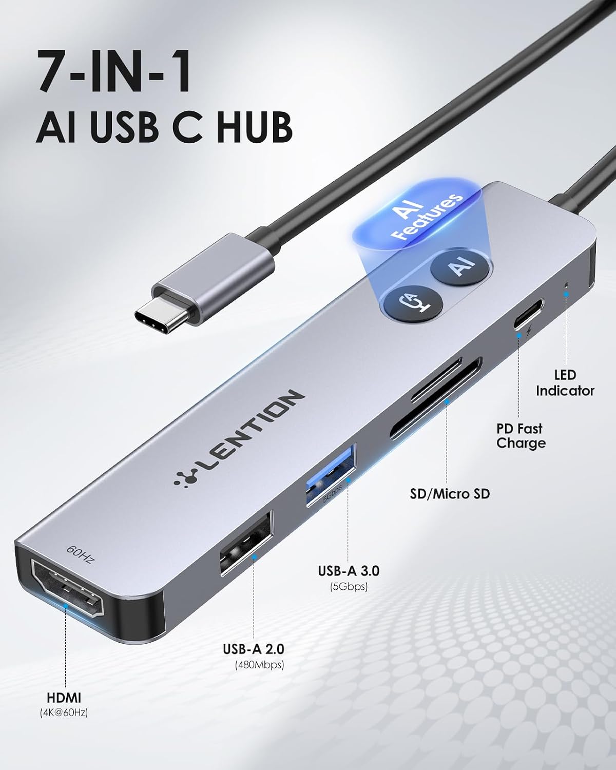LENTION CA18 Smart Multi-AI USB C Hub, Voice Type, NFC Sticker, 2ft Cable | All-in-one GoStar AI System, Stable Driver 3.0, 4K@60Hz HDMI, 100W PD, for MacBook Pro/Air, Mac, Surface, Chromebook
