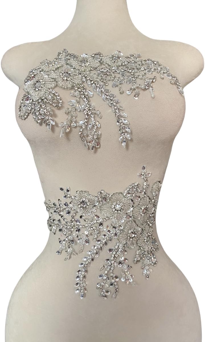 Pure Handmade Bodice lace Rhinestones Applique Sewing Stones Beads Crystal Trimming Patches Accessories for Weding Dress Decorations 1 Pair/Set 7.4X13.7inches (Silver)