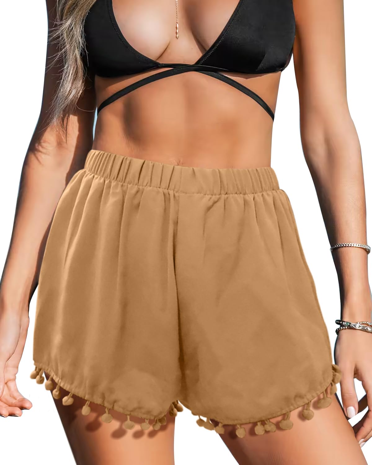 NLAND Pantalones Cortos Verano Mujer Casual Alta Cintura Elástica Shorts Playa con pequeña Bola Colgante