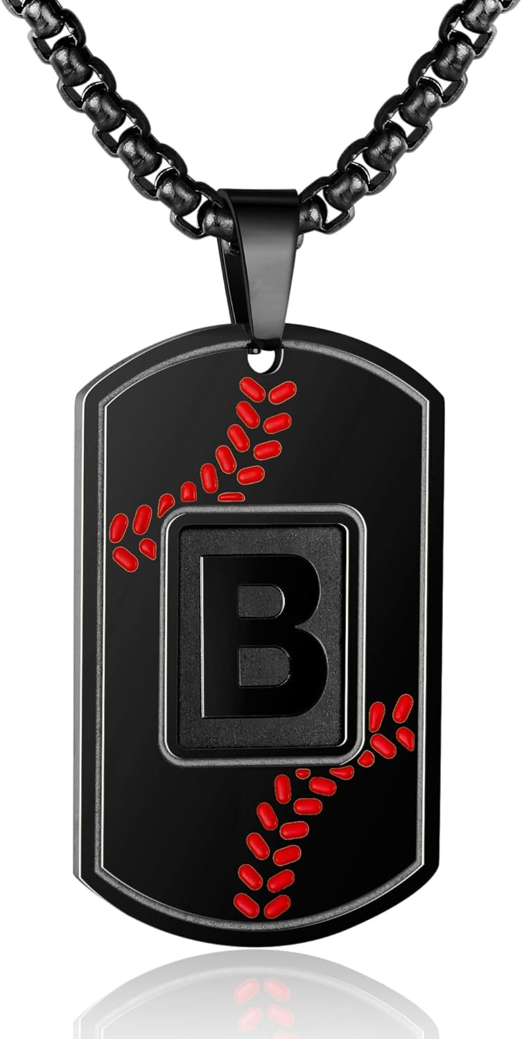 A-Z Dog Tag Necklace for Men - Baseball Charm Pendant, Stainless Steel Chain 22+2 Inches, Personalized Sports Athletes Jewelry Gift