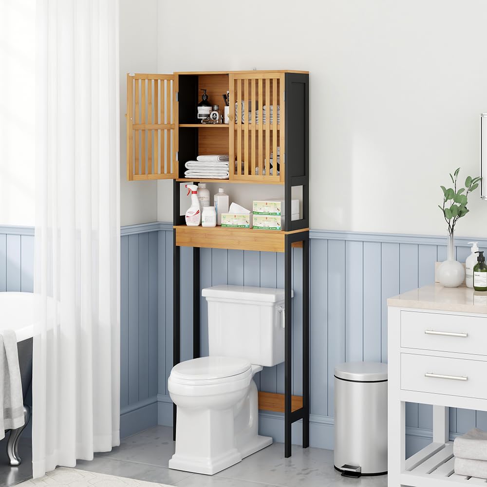 Meuble de WC/Étagère de Toilettes Salle de Bain Noir et Bois Naturel – Structure MDF + Bambou Véritable – Finition Bois Naturel – Idéal pour Toilettes, Gain de Place & Déco Zen