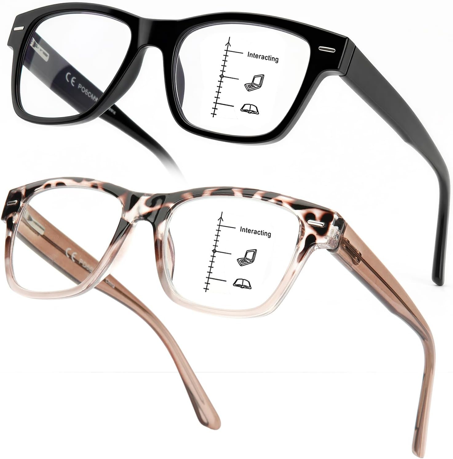 SKYOAK 2 Pack Trendy Progressive Multifocus Reading Glasses for Women, Retro Rectangle Frame Anti UV/Eyestrain Computer Readers, Stylish Spring Hinge Multifocal Glasses with Metal Core Wire, 2.5x