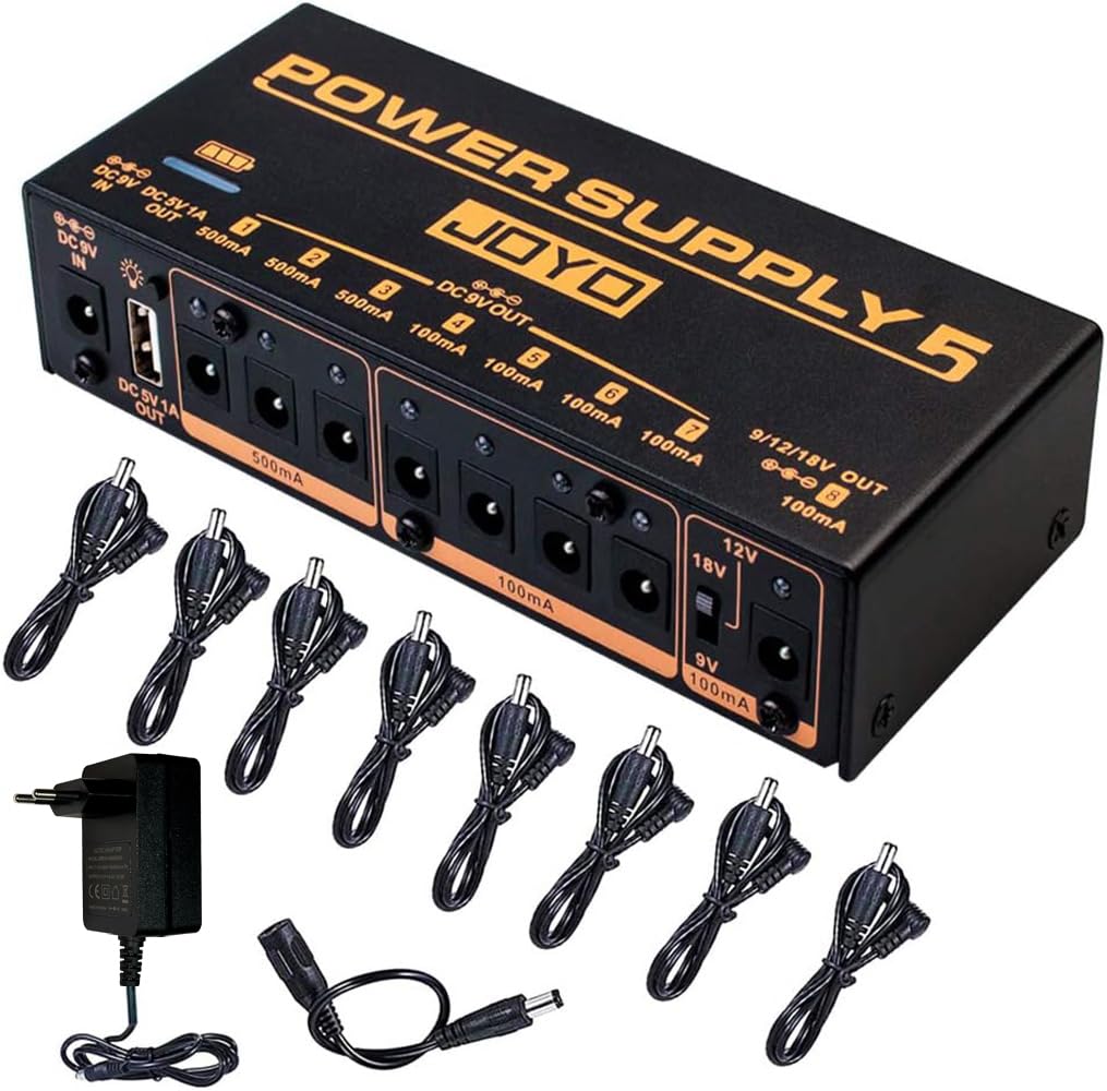 JOYO Eingebauter 4400-mAh-Akku, Netzteil für Gitarreneffektpedal, 8 Ausgänge, 9V, 12V, 18V (100mA, 500mA), Buchsen und 5V/1A USB-Anschluss (JP-05)